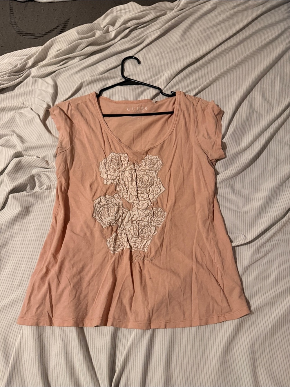 GUESS Peach Pink Floral Graphic Short Sleeve Tee